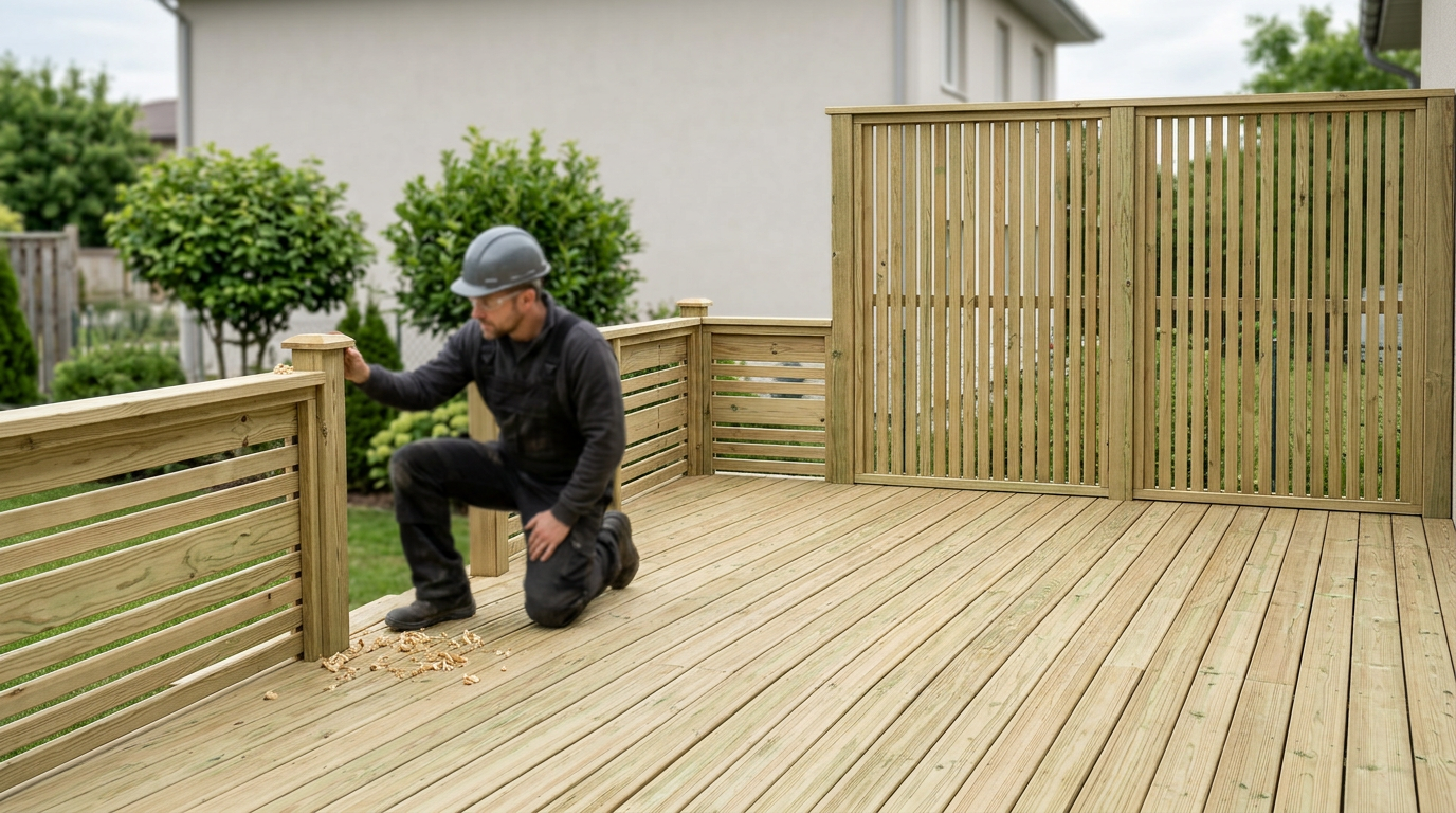 Decksforlife construit une terrasse en bois traité sous pression avec écrans d'intimité