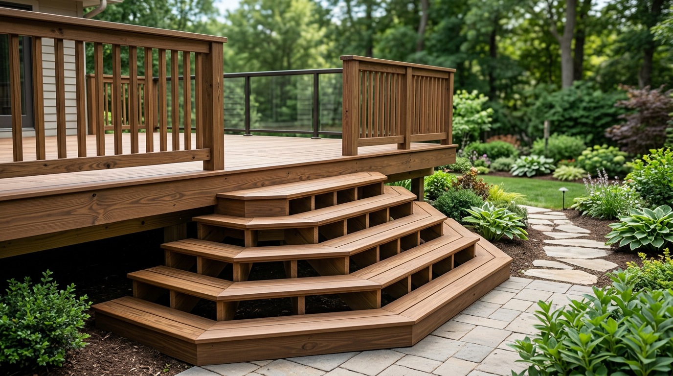 Decksforlife achève un deck en bois traité sous pression avec escalier en cascade