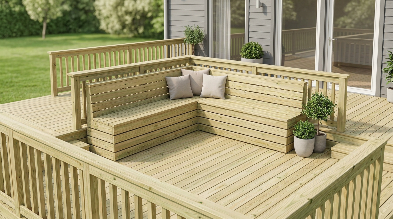 Decksforlife achève la construction d'une terrasse traitée sous pression avec banc intégré$