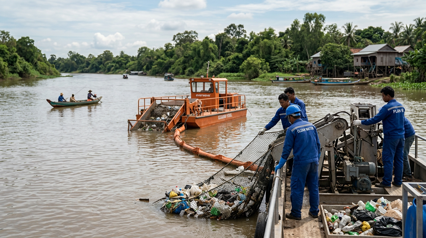 PLAN-B NET ZERO and everwave remove waste from Cambodian rivers